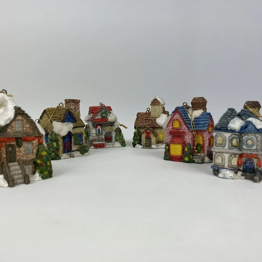 Lot Set 6 VTG Christmas Village Ornaments Mini Houses Bakery Antiques Snow Resin